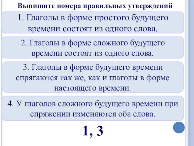 Выпишите номера правильных утверждений 1. Глаголы в форме простого будущего времени