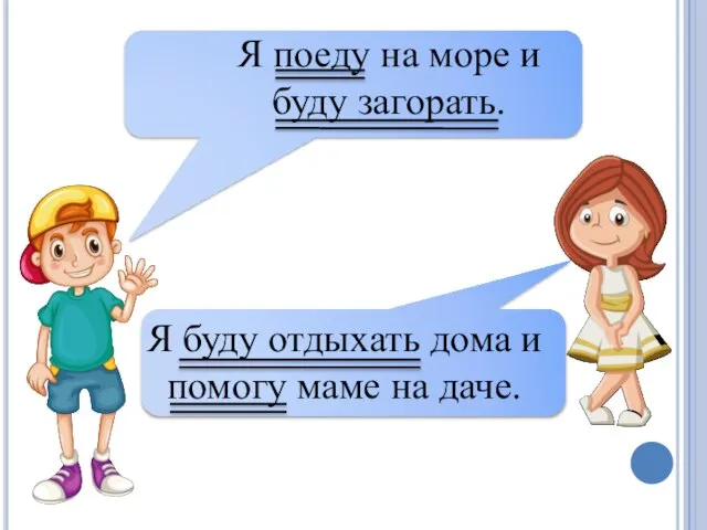 Я поеду на море и буду загорать. Я буду отдыхать дома и помогу маме на даче.