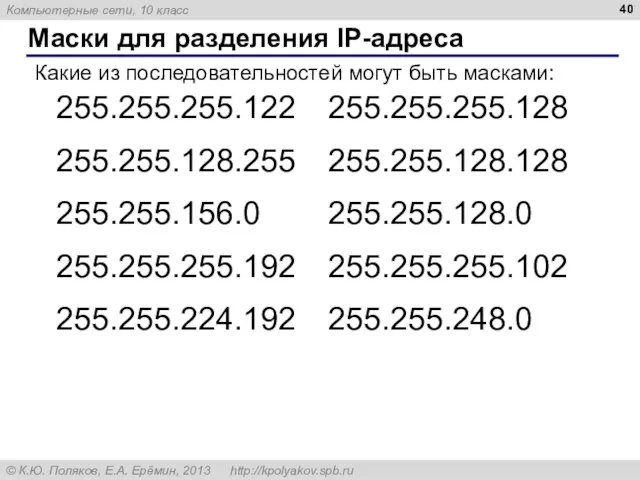 Маски для разделения IP-адреса Какие из последовательностей могут быть масками: 255.255.255.122