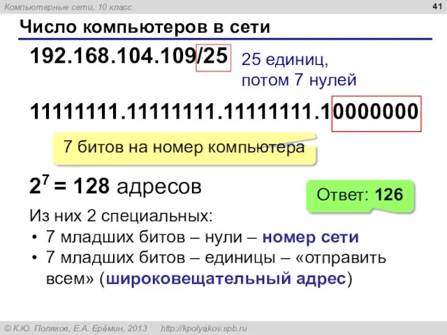 Число компьютеров в сети 192.168.104.109/25 25 единиц, потом 7 нулей 11111111.11111111.11111111.10000000