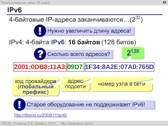 IPv6 4-байтовые IP-адреса заканчиваются…(232) IPv4: 4-байта IPv6: 16 байтов (128 битов)