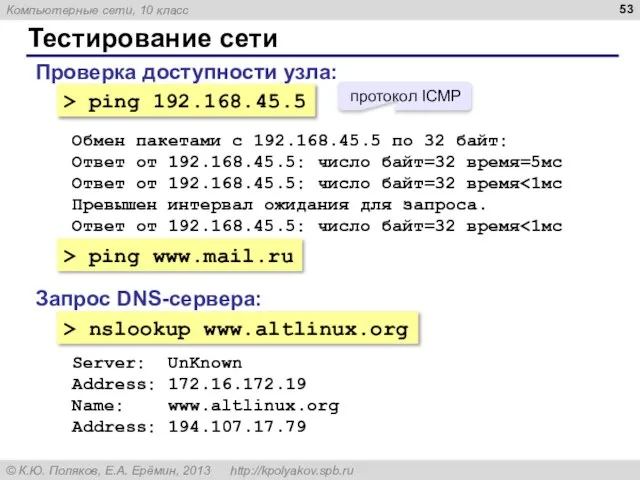 Тестирование сети Проверка доступности узла: > ping 192.168.45.5 Обмен пакетами с