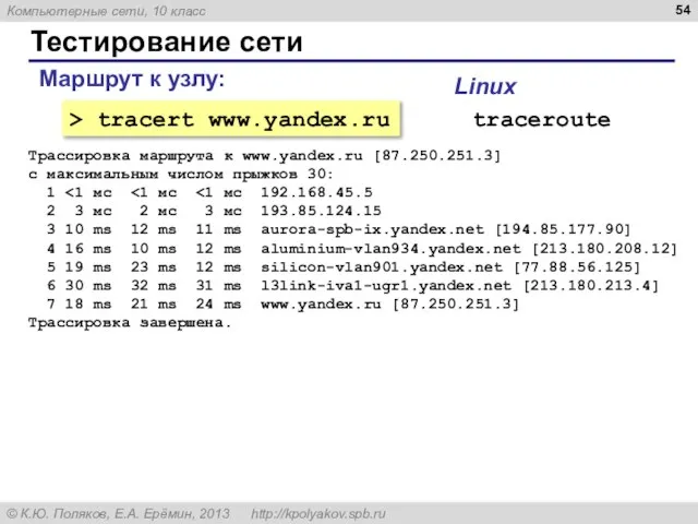 Тестирование сети Маршрут к узлу: > tracert www.yandex.ru traceroute Linux Трассировка