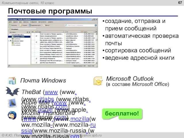 Почтовые программы Почта Windows Microsoft Outlook (в составе Microsoft Office) TheBat