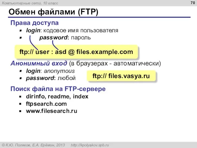 Обмен файлами (FTP) Права доступа login: кодовое имя пользователя password: пароль