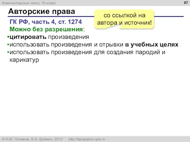 Авторские права ГК РФ, часть 4, ст. 1274 Можно без разрешения: