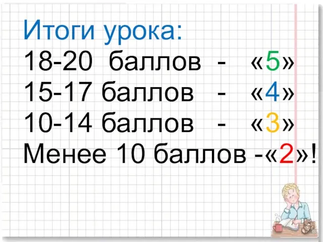 Итоги урока: 18-20 баллов - «5» 15-17 баллов - «4» 10-14