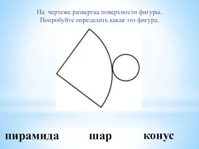 пирамида шар конус На чертеже развертка поверхности фигуры. Попробуйте определить какая это фигура.