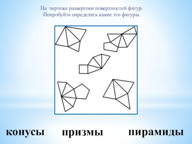 конусы призмы пирамиды На чертеже развертоки поверхностей фигур. Попробуйте определить какие это фигуры.