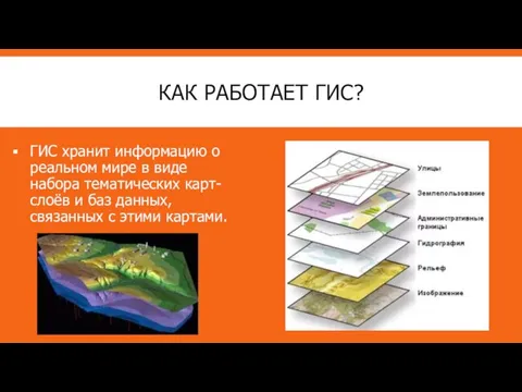 КАК РАБОТАЕТ ГИС? ГИС хранит информацию о реальном мире в виде