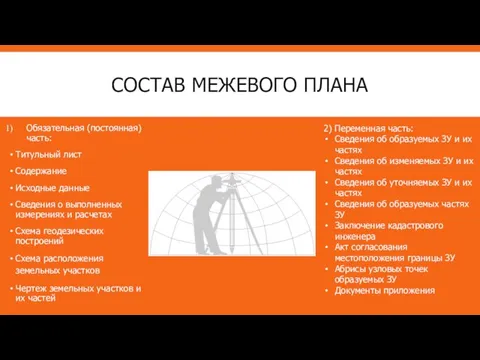 СОСТАВ МЕЖЕВОГО ПЛАНА Обязательная (постоянная) часть: Титульный лист Содержание Исходные данные