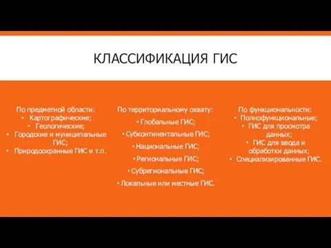 КЛАССИФИКАЦИЯ ГИС По территориальному охвату: Глобальные ГИС; Субконтинентальные ГИС; Национальные ГИС;