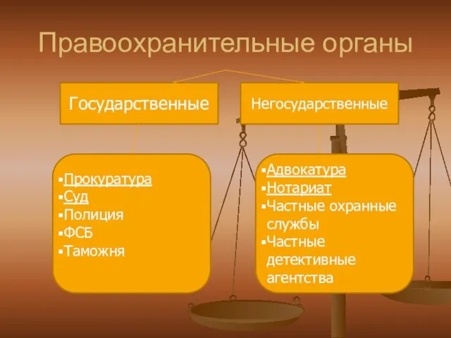 Правоохранительные органы Государственные Негосударственные Прокуратура Суд Полиция ФСБ Таможня Адвокатура Нотариат