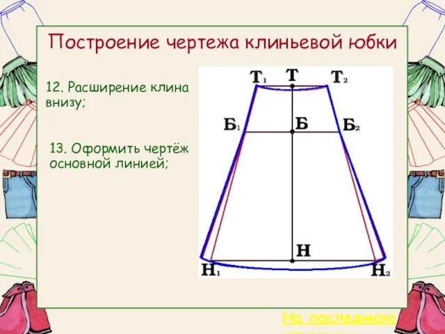 Построение чертежа клиньевой юбки 12. Расширение клина внизу; 13. Оформить чертёж основной линией; На последнюю страницу