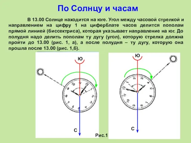 По Солнцу и часам В 13.00 Солнце находится на юге. Угол