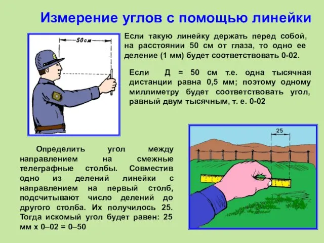 Измерение углов с помощью линейки Если такую линейку держать перед собой,