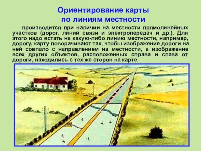 Ориентирование карты по линиям местности производится при наличии на местности прямолинейных