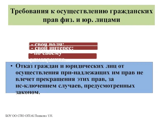 Требования к осуществлению гражданских прав физ. и юр. лицами БОУ ОО СПО ОПЭК Пашкова Т.Н.