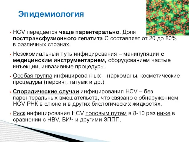 Эпидемиология HCV передается чаще парентерально. Доля посттрансфузионного гепатита С составляет от