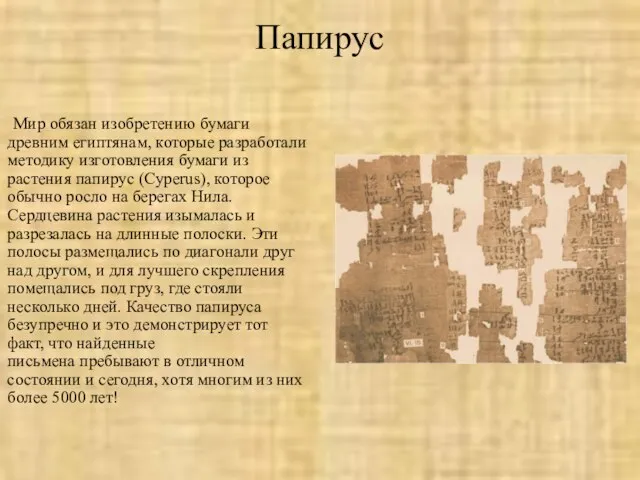 Папирус Мир обязан изобретению бумаги древним египтянам, которые разработали методику изготовления