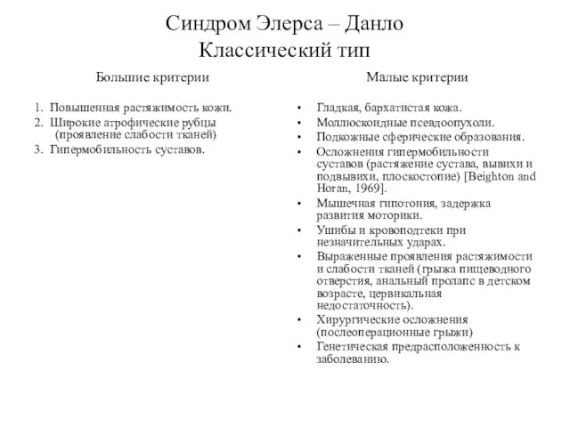 1. Повышенная растяжимость кожи. 2. Широкие атрофические рубцы (проявление слабости тканей)