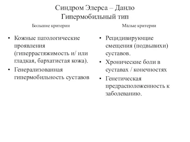 Синдром Элерса – Данло Гипермобильный тип Кожные патологические проявления (гиперрастяжимость и/