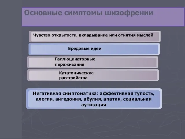 Основные симптомы шизофрении Чувство открытости, вкладывание или отнятия мыслей Бредовые идеи