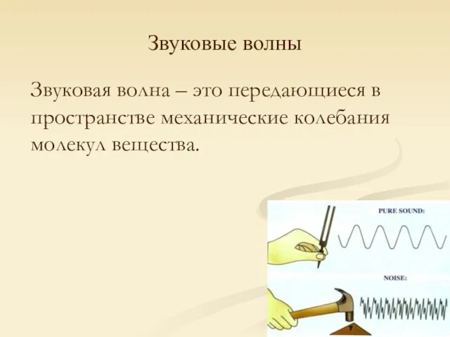 Звуковые волны Звуковая волна – это передающиеся в пространстве механические колебания молекул вещества.