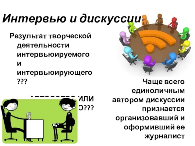 Интервью и дискуссии Результат творческой деятельности интервьюируемого и интервьюирующего??? АВТОРСТВО ИЛИ