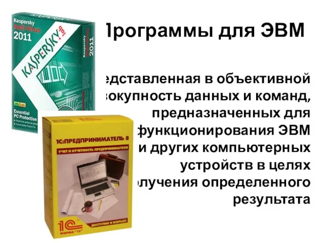 Программы для ЭВМ представленная в объективной форме совокупность данных и команд,