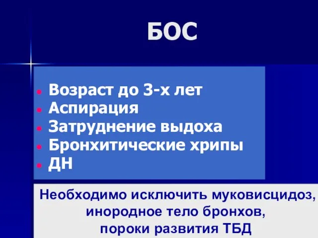 БОС Возраст до 3-х лет Аспирация Затруднение выдоха Бронхитические хрипы ДН