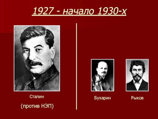 1927 - начало 1930-х Сталин Бухарин Рыков (против НЭП)