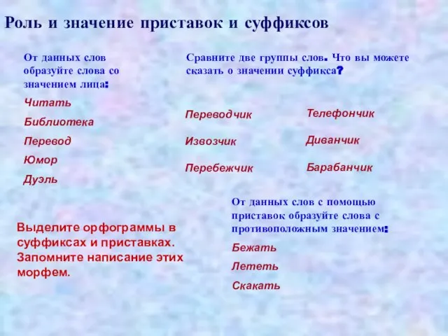 Роль и значение приставок и суффиксов От данных слов образуйте слова