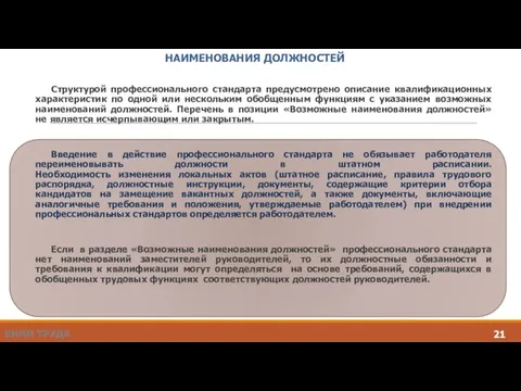 НАИМЕНОВАНИЯ ДОЛЖНОСТЕЙ Структурой профессионального стандарта предусмотрено описание квалификационных характеристик по одной