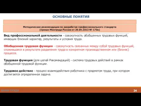 ОСНОВНЫЕ ПОНЯТИЯ Методические рекомендации по разработке профессионального стандарта (приказ Минтруда России