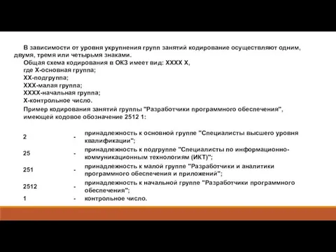 В зависимости от уровня укрупнения групп занятий кодирование осуществляют одним, двумя,