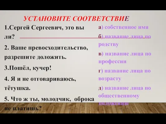 УСТАНОВИТЕ СООТВЕТСТВИЕ 1.Сергей Сергеевич, это вы ли? 2. Ваше превосходительство, разрешите