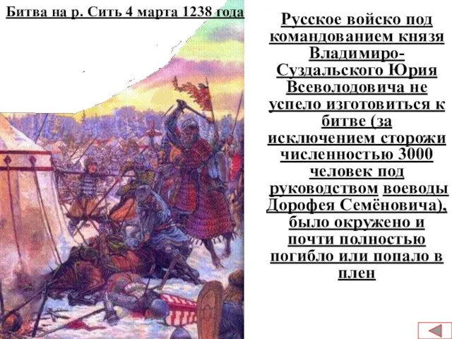 Битва на р. Сить 4 марта 1238 года Русское войско под