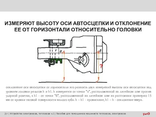 ИЗМЕРЯЮТ ВЫСОТУ ОСИ АВТОСЦЕПКИ И ОТКЛОНЕНИЕ ЕЕ ОТ ГОРИЗОНТАЛИ ОТНОСИТЕЛЬНО ГОЛОВКИ