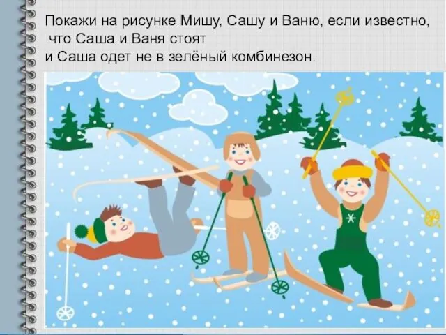 Покажи на рисунке Мишу, Сашу и Ваню, если известно, что Саша