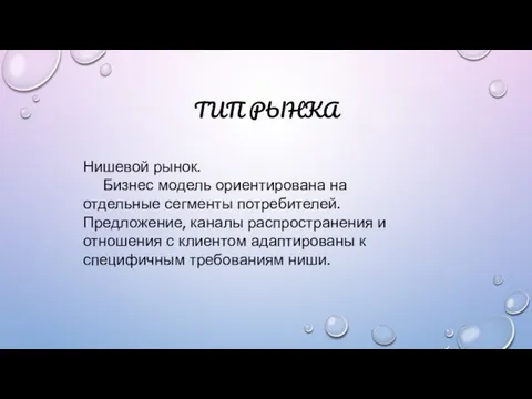 ТИП РЫНКА Нишевой рынок. Бизнес модель ориентирована на отдельные сегменты потребителей.