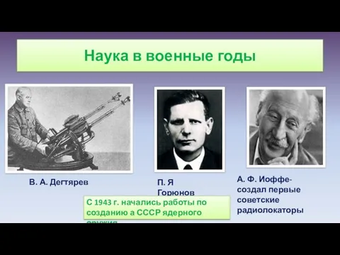 Наука в военные годы В. А. Дегтярев П. Я Горюнов А.