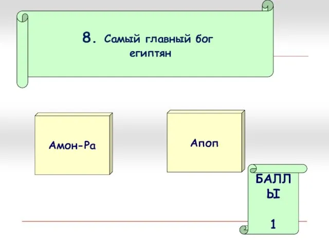 8. Самый главный бог египтян Амон-Ра Апоп БАЛЛЫ 1