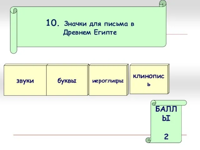 10. Значки для письма в Древнем Египте звуки иероглифы БАЛЛЫ 2 буквы клинопись