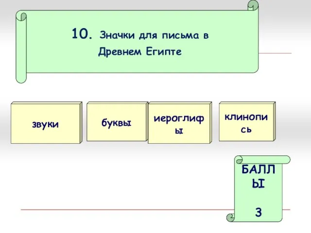 10. Значки для письма в Древнем Египте звуки иероглифы БАЛЛЫ 3 буквы клинопись