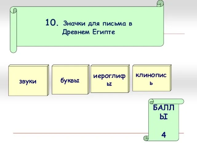 10. Значки для письма в Древнем Египте звуки иероглифы БАЛЛЫ 4 буквы клинопись