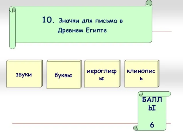 10. Значки для письма в Древнем Египте звуки иероглифы БАЛЛЫ 6 буквы клинопись