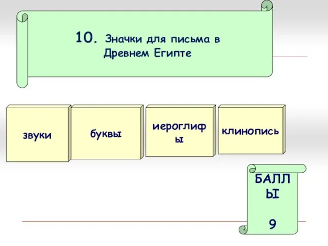 10. Значки для письма в Древнем Египте иероглифы звуки БАЛЛЫ 9 буквы клинопись