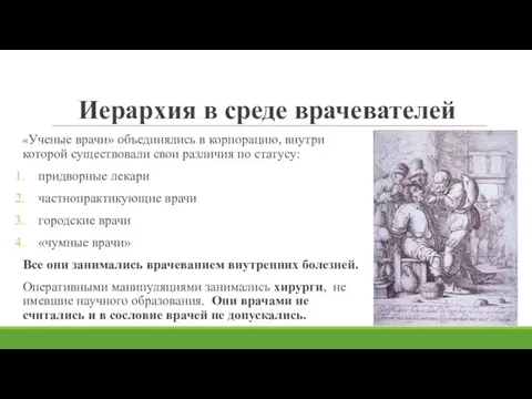 Иерархия в среде врачевателей «Ученые врачи» объединялись в корпорацию, внутри которой