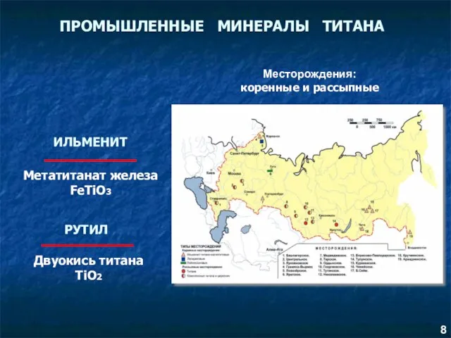 ПРОМЫШЛЕННЫЕ МИНЕРАЛЫ ТИТАНА ИЛЬМЕНИТ РУТИЛ Метатитанат железа FeTiO3 Двуокись титана TiO2 Месторождения: коренные и рассыпные